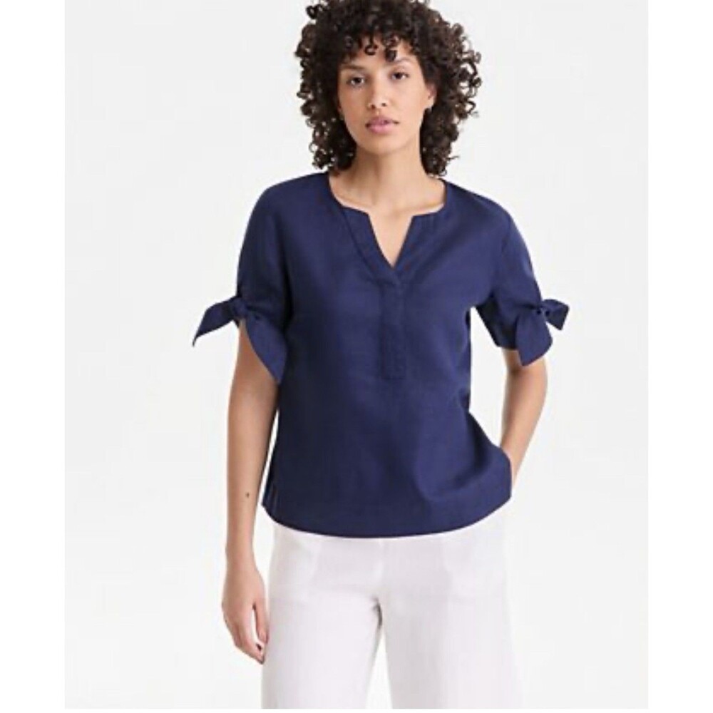 Charter Club Navy Linen Split-Neck Tie-Cuff Short Sleeve Top Size L New